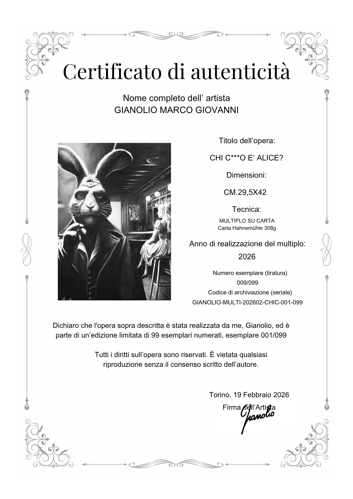 Certificato di Autenticità — Chi c***o è Alice? · Gianolio