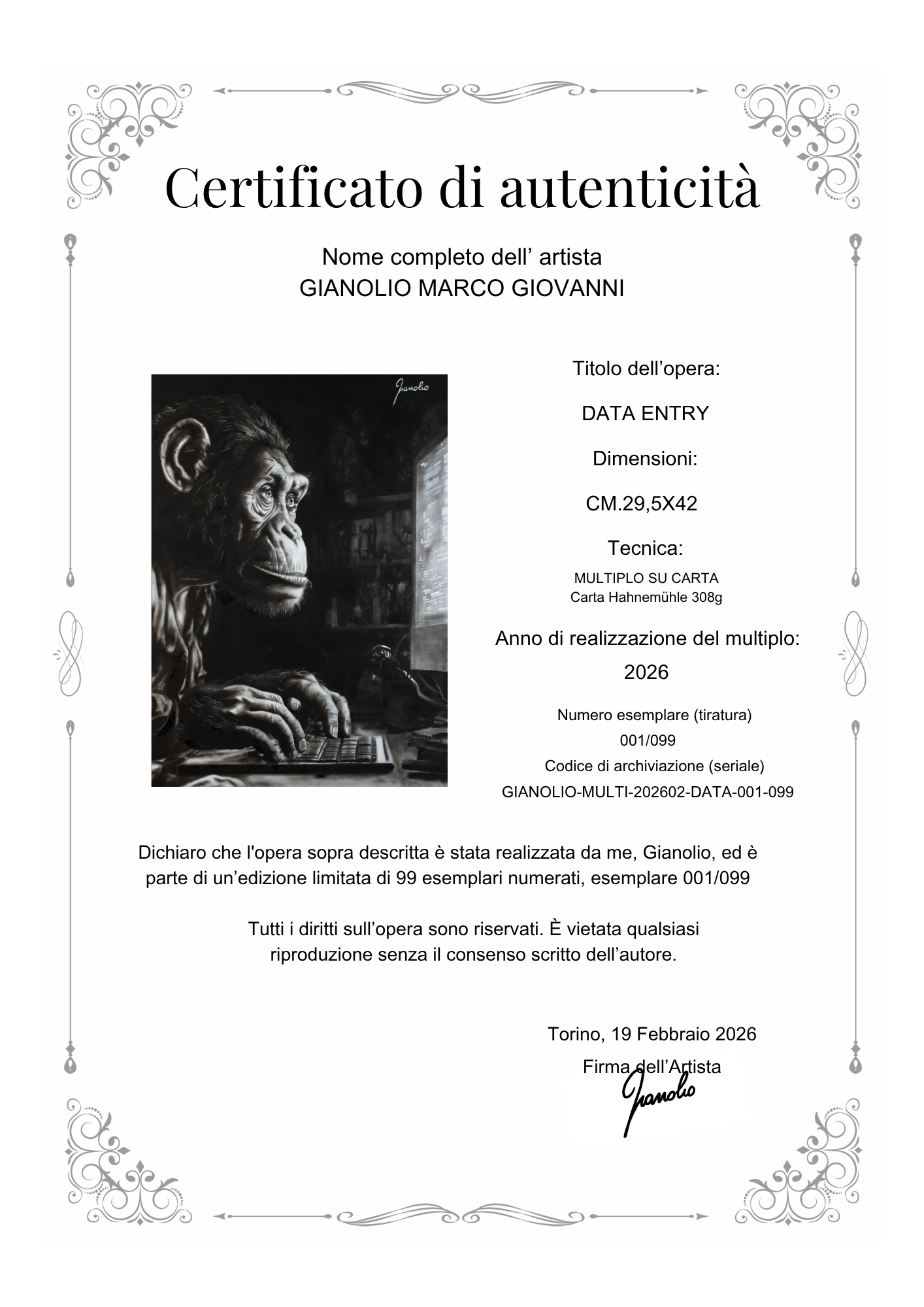 Certificato di Autenticità — Data Entry · Gianolio
