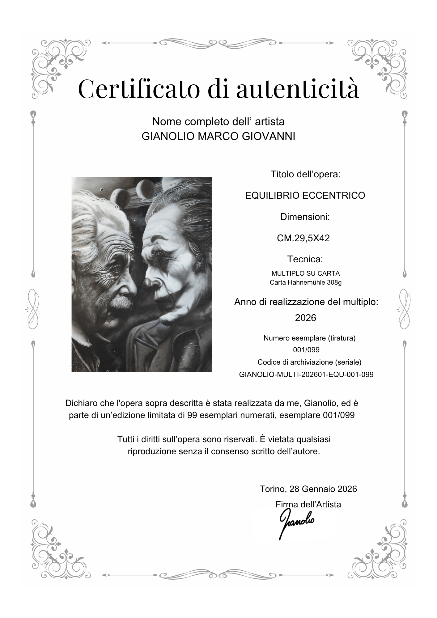 Certificato di Autenticità — Equilibrio Eccentrico · Gianolio